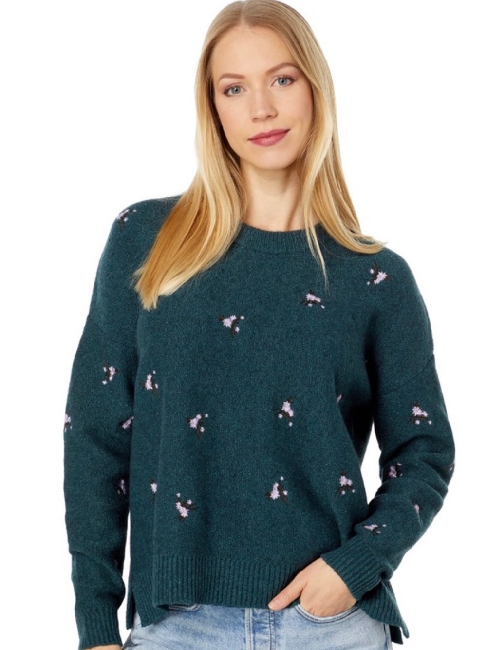 Madewell Teal Floral Crewneck Sweater with Pink Accents